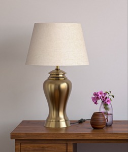 Modern Brass Finish Table Lamp Pleated Beige Shade Decorative Bedside <b>Desk</b> Light for Bedroom Living <b>Room</b> - Product Image 4