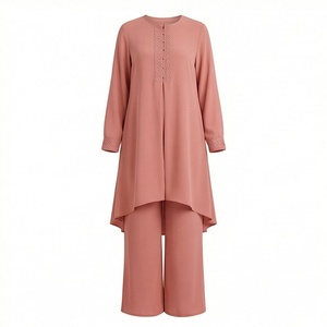 Elegante Conjunto de Camisa Larga con Cuello de Encaje y Pantalón de Pierna Ancha para Mujer Árabe, Modesto, Musulmán, Casual, Transpirable, de Poliéster, Color Personalizado - Product Image 1