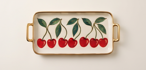 Bandeja de Almacenamiento Multifuncional con Estampado de Cerezas y Asas Doradas, Plato Metálico para Exhibición de Perfumes, Joyas y Artículos de Vanidad - Product Image 2