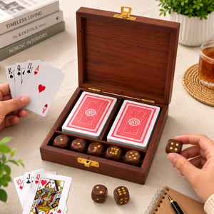 Wooden <b>Playing</b> <b>Card</b> & Dice Storage Box | Handcrafted Indian Rosewood Game Case | 2 Deck <b>Card</b> Holder with 5 Wooden Dice Gift Box - Product Image 2