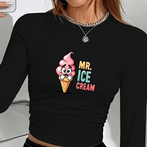 เสื้อยืดแขนยาวผู้หญิง Mr Ice Cream คอกลม พิมพ์ลายแฟชั่น Y2K ผ้ายืดโพลีเอสเตอร์ถัก แขนยาว ทรงปกติ - Product Image 1