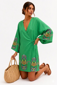 Vestido corto de muselina informal estilo bohemio con estampado de ojo turco verde hasta la rodilla y lazo en la espalda - Product Image 4