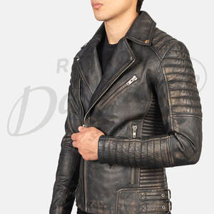 แจ็คเก็ตหนังแท้สีเทาสไตล์ไบค์เกอร์สำหรับผู้ชาย รุ่นพรีเมียม แต่งลายควิลท์ที่ไหล่ ทรงเข้ารูป สไตล์วินเทจ - Product Image 2