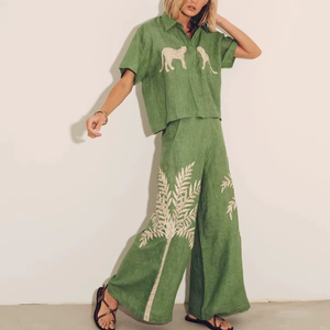 Conjunto de 2 Piezas de Verano para Mujer, Blusa Corta Informal con Bordado de Lujo, Estilo Bohemio Chic, Falda con Volantes, 100% Algodón - Product Image 1