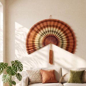 Éventail mural décoratif en bambou naturel, orange, tissé, pliable, art mural pour décoration intérieure bohème nordique - Product Image 1