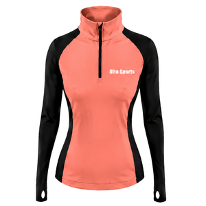 Women Quarter Zip Athletic <b>Top</b> Coral Pink Long Sleeve Fitted Sports Training Shirt High Collar <b>Thumbhole</b> Performance Activewear - Product Image 1