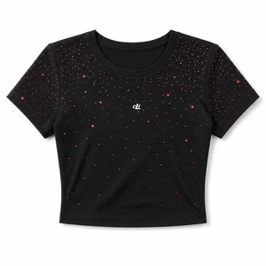 Camiseta corta de mujer con pedrería al por mayor, camiseta de manga corta para mujer, camiseta casual de verano, top sin mangas para mujer, ajuste ceñido, cuello redondo, a la moda - Product Image 3