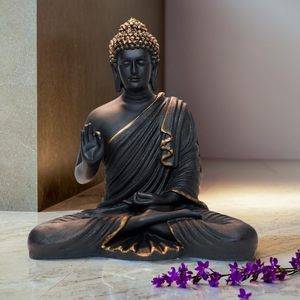 Statue de Bouddha assis en résine décorative, noir mat, 2 pieds, artisanale, Art déco, décoration de table, maison et jardin - Product Image 1