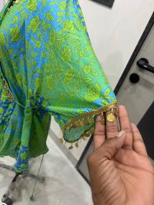 Wholesale Green Color Floral Print V Neck Kimono Half Sleeve Gold Coin Lace Trim <b>Wrap</b> Waist Holiday Premium Women's <b>Beach</b> Wear - Product Image 2