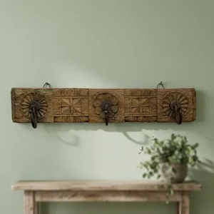 Vintage <b>Wooden</b> Floral Wall Hook Panel <b>Hand</b> Carved Three Hook Hanger for Coats Keys Scarves and Home Decor - Product Image 6