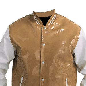 <b>Mens</b> PVC Leather <b>Varsity</b> <b>Jacket</b> Stand Collar Front Logo Fashionable Baseball <b>Bomber</b> Solid Color - Product Image 5