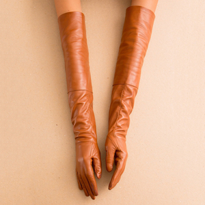 Wholesale Tan Camel <b>Long</b> PU Leather <b>Gloves</b> Women Slim Fit Elbow Length Evening <b>Gloves</b> Soft Synthetic Leather Dress Mittens - Product Image 1