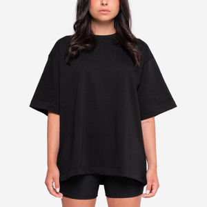 T-shirt noir surdimensionné pour femme, manches courtes, col rond, couleur unie, coupe ample, jersey en coton tricoté, toutes saisons - Product Image 1