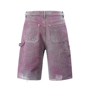 High Street Full Rhinestone Gradient Denim Shorts Ink Wash Diamond Studded Seven Inch Denim Shorts - Product Image 2