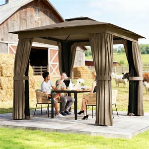 Pavillon à toit souple couleur kaki avec rideaux de protection pour terrasses, pergolas et gazebos - Product Image 1
