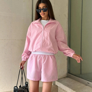 Women's <b>Pink</b> Two-Piece <b>Tracksuit</b> Set Full Sleeve Zipper Sporty Shorts Outfit Spring Summer Loose Fit Solid Color Woven Polyester - Product Image 4