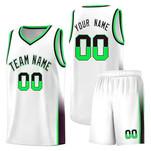 Ensemble de maillots de basket-ball personnalisés blancs et verts, col en V, sans manches, sublimés avec le nom de l'équipe, numéro 00, pour adultes, toutes saisons - Product Image 1