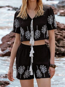 ชุดเซ็ตสองชิ้นผ้าฝ้ายสีดำปักลายสไตล์ลำลองสำหรับฤดูร้อน ทรงเอไลน์ แขนกุด ผ้าชีฟอง รับผลิตแบบ OEM ขายส่งจากอินเดีย - Product Image 2