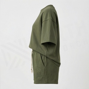 Conjunto de 2 Piezas de Punto Verde Oliva para Mujer, Camiseta de Manga Corta con Bolsillo, Corte Holgado, Informal, para Primavera/Verano - Product Image 2