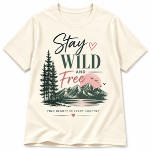 เสื้อยืดคอกลมสีน้ำเงินแบบกำหนดเองสำหรับผู้หญิง แขนสั้น พิมพ์ลาย Stay Wild Free ผ้าฝ้าย 100% สวมใส่สบาย ระบายอากาศได้ดี ทรงปกติ - Product Image 1
