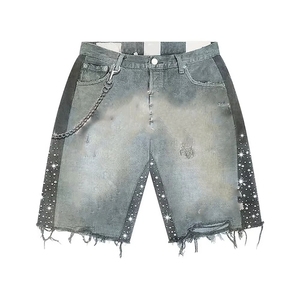 OEM Custom Patch Embroidery <strong>Letter</strong> Cotton Canvas Rhinestone Vintage Wash Distressed Denim <strong>Jacket</strong> and Shorts for <strong>Men</strong> - Product Image 4