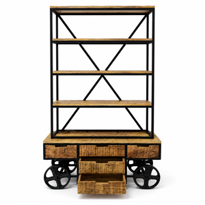 Industrial Modern Eco-Friendly Mango Wood & Metal <b>Bookcase</b> Drawers Caster Wheels 3 Shelves-Multifunctional Living Room Storage - Product Image 1
