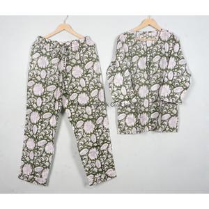 Conjunto de Pijama de Manga Larga para Mujer, 100% Algodón, Estampado Floral Hecho a Mano, Cuello Redondo, Suave y Cómodo, Cintura Elástica, para Primavera - Product Image 4
