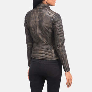 Furat Leathers Quilted Distressed Brown Sheep Leather Eco-Friendly Winter Women's <b>Biker</b> <b>Jacket</b> Stand Collar Detachable Collar - Product Image 3