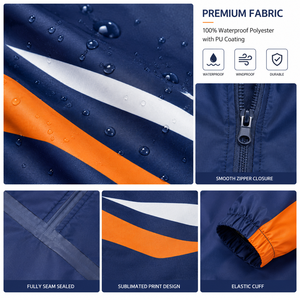MEGAMAPLE <b>Men's</b> Navy Blue Waterproof Rain Suit Hooded <b>Jacket</b> Pants Color Blocking Design Heat Transfer Printing Sporty Style - Product Image 2