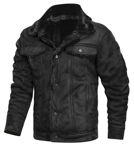 <b>Men's</b> Black <b>Suede</b> Biker <b>Jacket</b> Polyester Lining Windproof Eco-Friendly Breathable Winter Moto Coat Stand Collar Zipper Closure - Product Image 1
