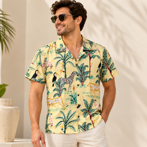 Camisa de Manga Corta con Cuello Camisero y Estampado Tropical para Hombre, Camisa Casual Hawaiana de Algodón Elástico para Hombre, Ropa de Playa, Moda para Vacaciones de Verano - Product Image 4
