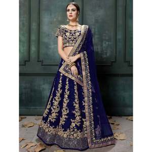Navy Blue Pearl & Lace Applique Silk <b>Wedding</b> Lehenga Choli for Bride - Product Image 1