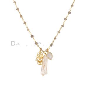 ไข่มุกธรรมชาติและสายรุ้งมูนสโตนอัญมณีจี้ทองเหลืองพร้อมผู้ผลิตเครื่องประดับโซ่ชุบทอง - Product Image 1