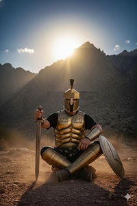 Conjunto de armadura espartana griega hecha a mano — Casco, coraza muscular (delantera y trasera), escudos redondos, brazaletes y soporte de cuero - Product Image 3