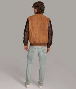Men's Brown <b>Suede</b> Varsity <b>Jacket</b> With Leather Sleeves Button Closure Casual Wear Street Fashion <b>Jackets</b> - Product Image 3