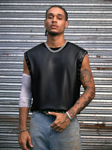 Chaleco de Cuero para Hombre, Camisetas de Cuero PU a la Moda, Camisetas sin Mangas para Motociclistas, Ropa Urbana de Calidad Superior - Product Image 1