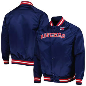 Blouson universitaire personnalisé en satin bleu marine pour homme, avec bordure contrastante rouge et blanche, style bomber, vente en gros, veste de sport baseball Letterman - Product Image 1