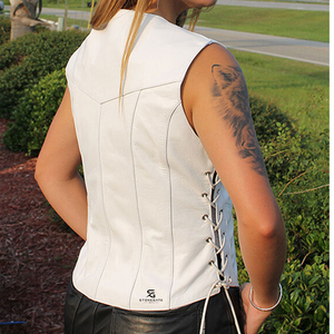 <b>Women</b> Genuine Leather Biker <b>Waistcoat</b> Slim Fit V Neck Motorcycle Vest Vintage Sleeveless Outerwear Pockets Casual Windproof - Product Image 4