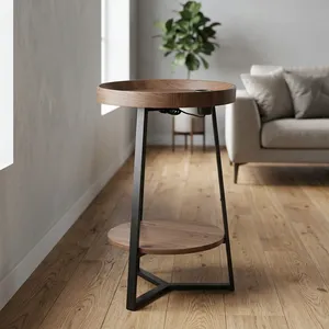 <b>Modern</b> Round Wood Side Table with Metal Legs and Storage <b>Shelf</b> Living Room Furniture with charging socket - Product Image 1
