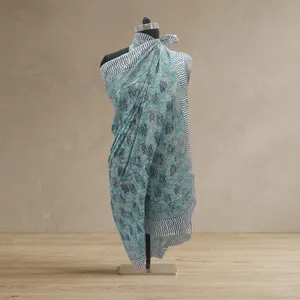 Aqua Blue Floral Hand Block Printed Cotton <b>Sarong</b> Scarf with Striped Border Lightweight Beach Wrap Stole for Women - Product Image 5