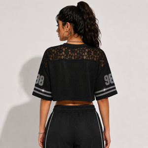 Premium Sparkly <b>Cropped</b> Mesh Varsity Custom <b>Rhinestone</b> Letter Football Jersey Drop Shoulder Women Streetwear <b>Top</b> - Product Image 6