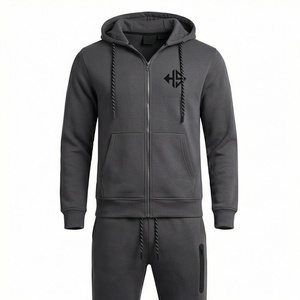 Survêtement à capuche zippé pour homme, couleur unie, manches longues, vêtements de sport décontractés avec logo avant et poches latérales, tenue d'automne - Product Image 1