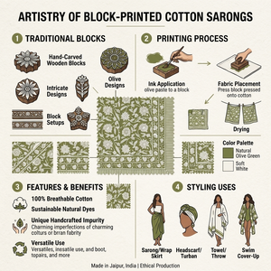 Cotton block print <b>sarongs</b> for beachwear resort fashion and vacations featuring colorful handcrafted patterns for wholesale bu - Product Image 6