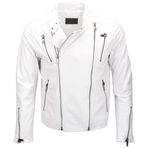 Veste en cuir blanche pour homme à manches longues avec détails zippés, à porter toute l'année - Product Image 1