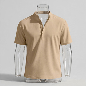 Men's Beige Digital Printed <b>Short</b> <b>Sleeve</b> <b>Button</b> Collar Casual Shirt Breathable Cotton Twill Fabric Washed Summer Wear - Product Image 3