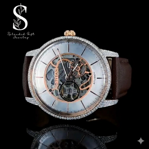 Men's Skeleton Moissanite Alloy Fashion Luxury Fully Automatic Classic <b>Watch</b> Leather Strap Quartz Movement Glass Dial Window - Product Image 1