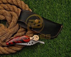 Cuchillo Plegable de Acero de Damasco con Hoja de Punta Caída, Mango de Resina, Empuñadura de Cobre, Cuchillo para Camping al Aire Libre con Funda de Cuero - Product Image 5