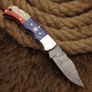 OEM Handmade <b>Camping</b> Survival Damascus Steel <b>Camping</b> Pocket Knife Texas Flag Handle Folding Knives for Outdoor Survival - Product Image 5
