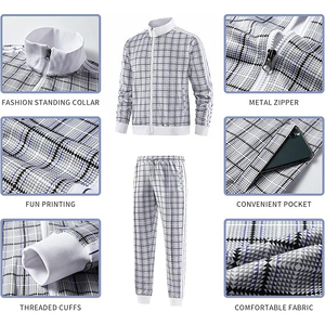 White Grey Micro Check Plaid Tracksuit Men Side Stripe Zip Jacket <b>Jogger</b> Set Athleisure Sportswear - Product Image 3