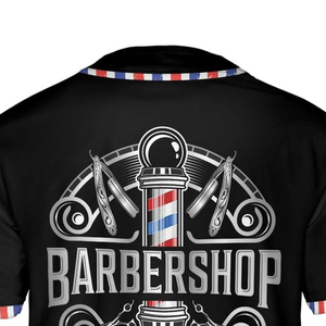 Custom Barber Shop Sublimated Jersey Black With Red White Blue Trim Personalized Name And Logo - Product Image 3